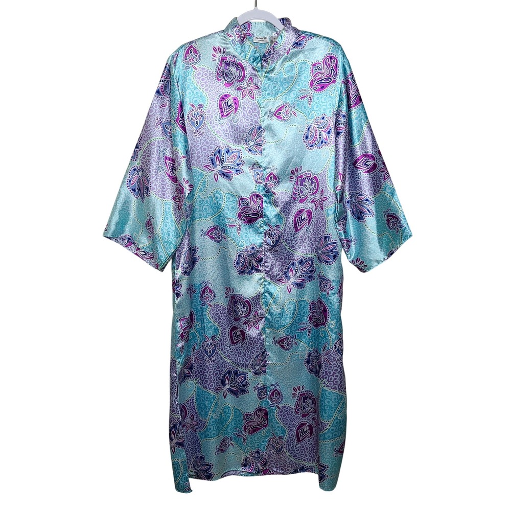 Sante Classics Satin Blue Paisley Abaya Kaftan M Purple Floral Robe Night Gown‎